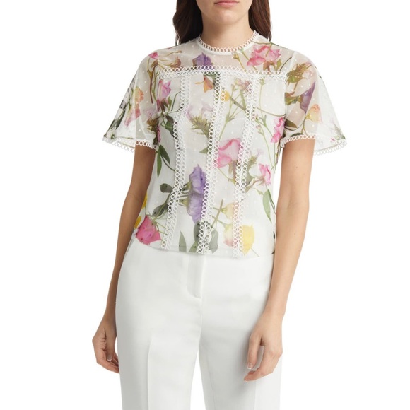NWT💕TED BAKER Arelln Floral High Neck Top With Lace Details Size 0 - Picture 12 of 16